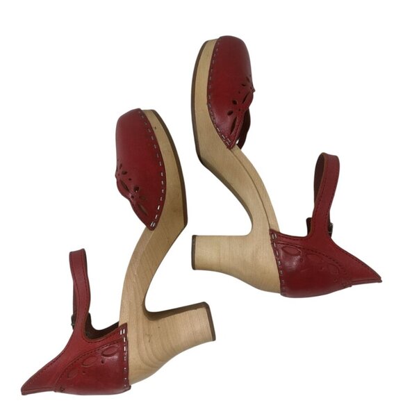 Rare Swedish Hasbeens Red Laser Cut Leather Platform Heeled Clog Sandals 9 Boho - Picture 8 of 14